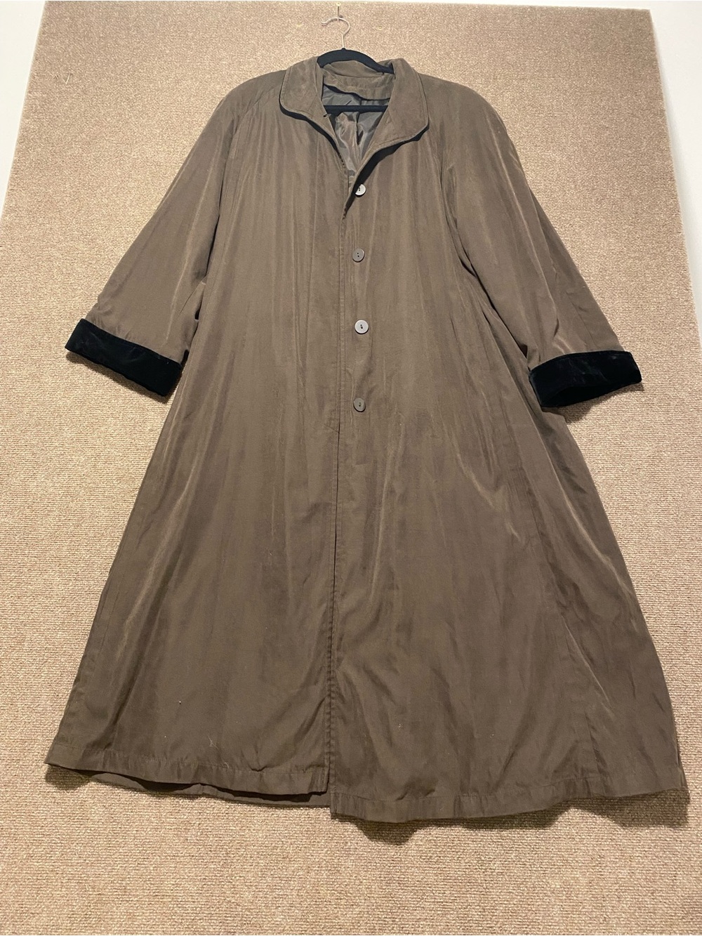 Long Olive Trench Coat with Black Velvet Cuffs